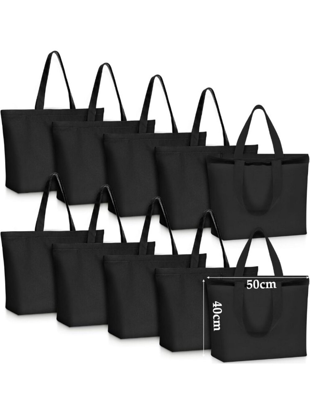 10 Pack Black Canvas Tote Bags with Zipper - Large 19.7x16 Inch Bulk Set